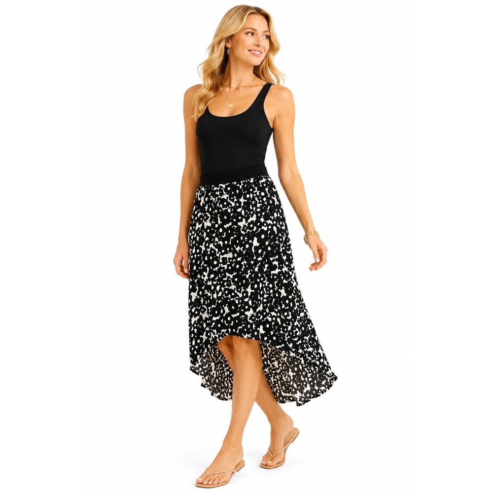 CAbi 5321 Dixon Reina Skirt Womens S Black White Floral Hi Low Pull On Stretch